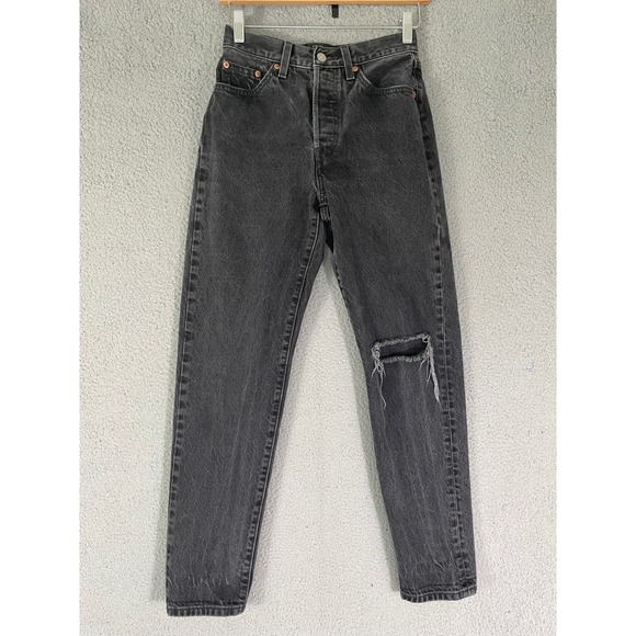 Levi's 501 Premium Distressed Black High Waisted Mom Jeans Button Fly - Picture 7 of 12